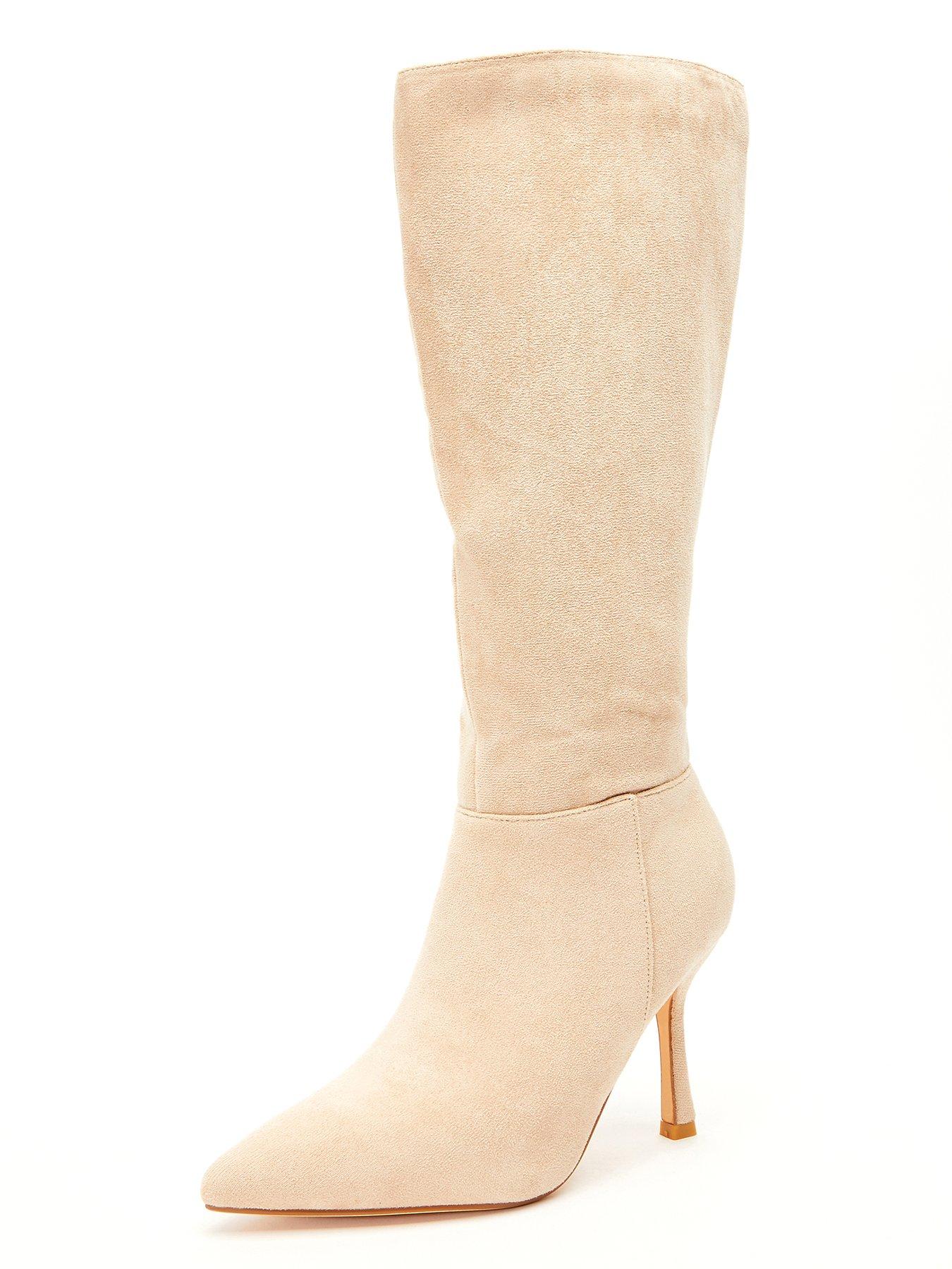 Quiz Knee High Heeled Boots - Cream