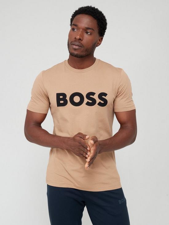 front image of boss-tiburt-345-large-logo-t-shirt-beige