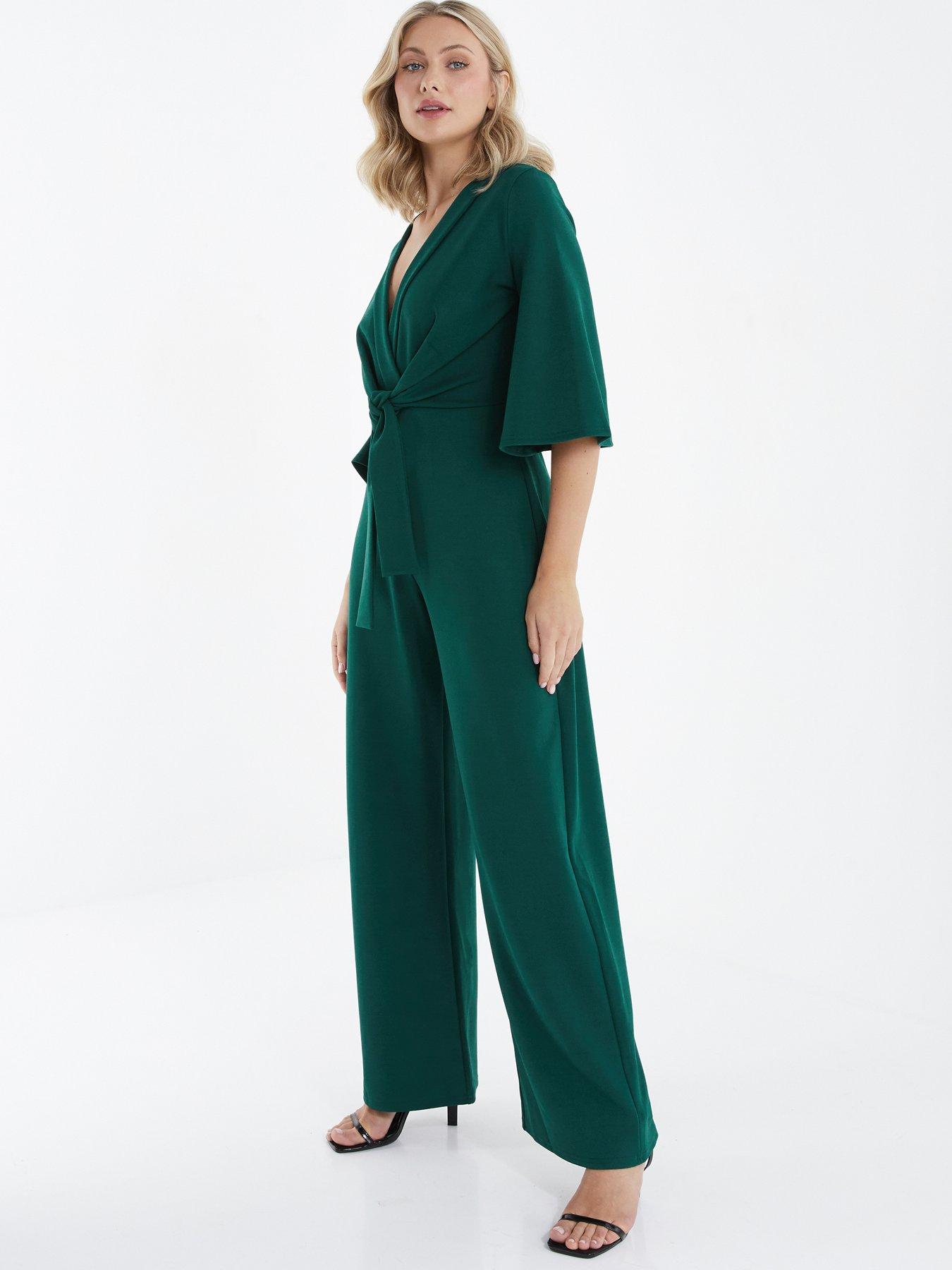 Quiz Tie Front Palazzo Jumpsuit Dark Green Littlewoods