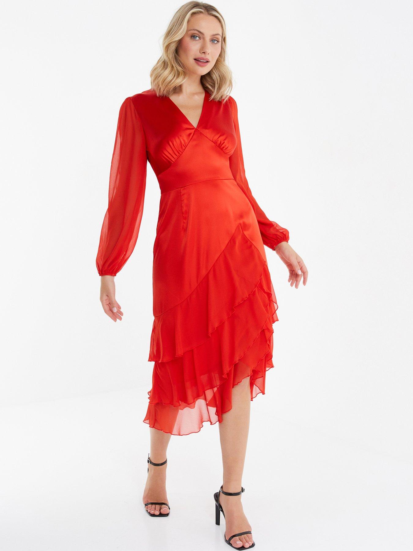 Satin Frill Midi Dress Orange