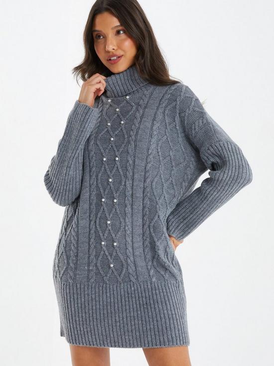 front image of quiz-knitted-pearl-mini-jumper-dress