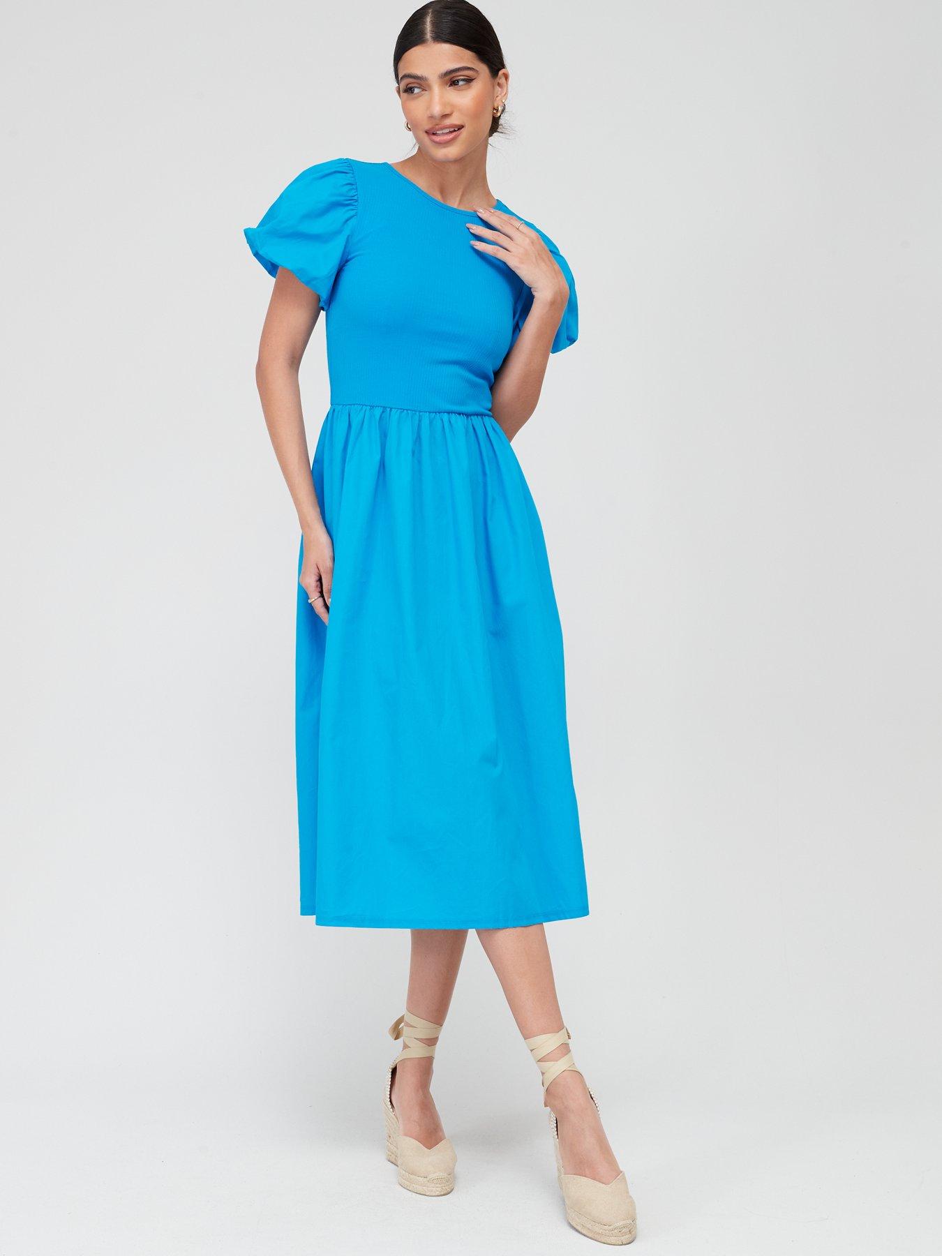 V by Very Puff Sleeve Rib Midi Dress - Blue | littlewoods.com