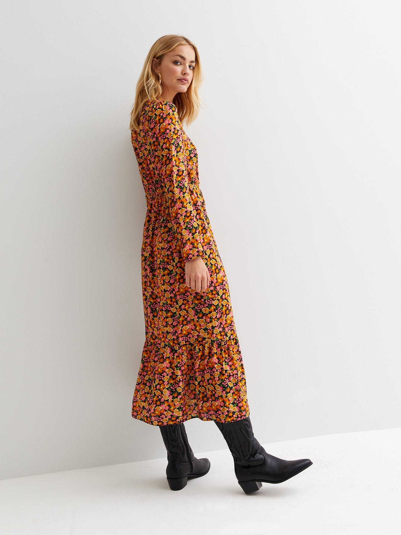 New Look Orange Floral Long Sleeve Tiered Hem Midi Dress