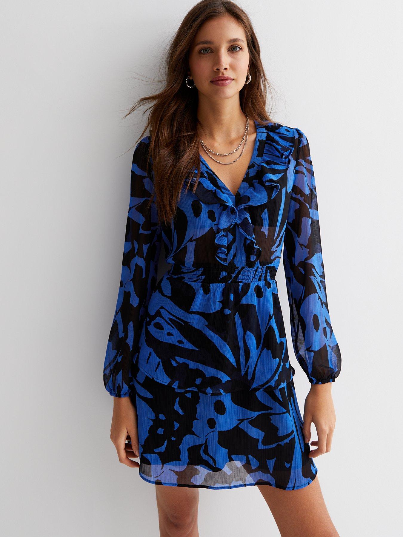  image of new-look-blue-abstract-chiffon-v-neck-long-puff-sleeve-ruffle-tiered-hem-mini-dress