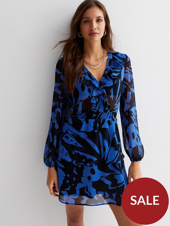front image of new-look-blue-abstract-chiffon-v-neck-long-puff-sleeve-ruffle-tiered-hem-mini-dress