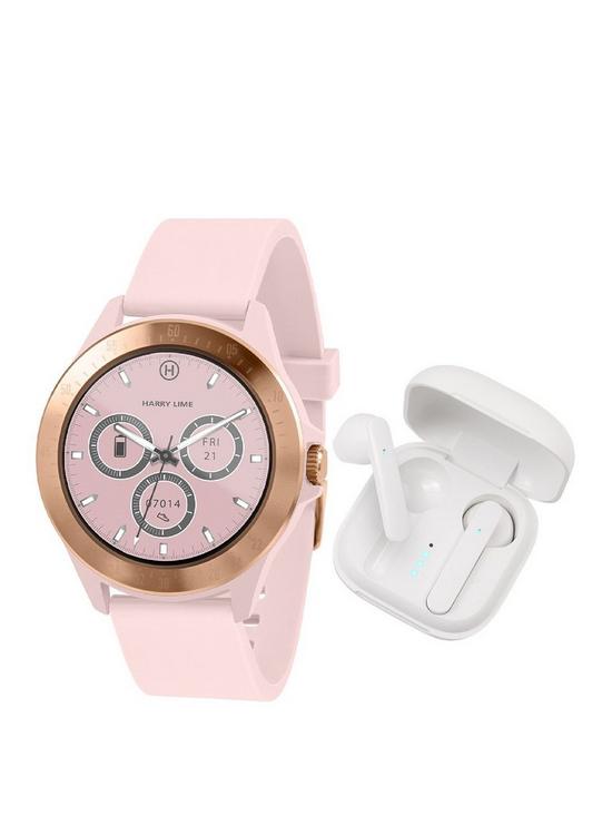 front image of harry-lime-fashion-smart-watch-in-pink-featuring-white-true-wireless-stereo-earbuds-in-charging-case-ha07-2006-tws