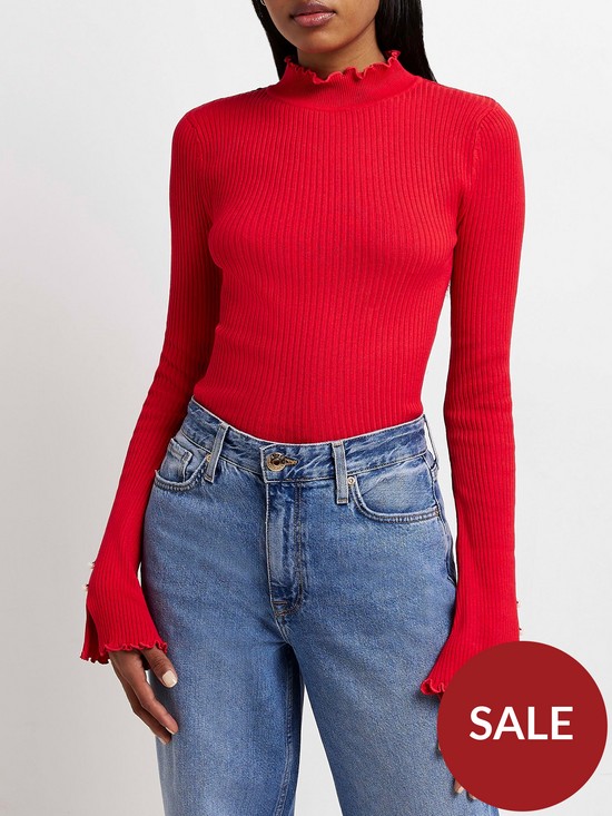 front image of river-island-flared-frill-sleeve-rib-top-red