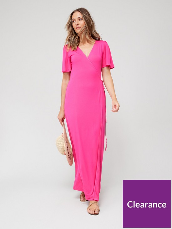 front image of everyday-ruffle-sleeve-maxi-dress-pink