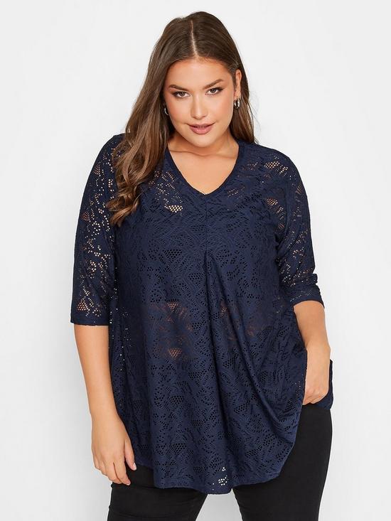 front image of yours-34-sleeve-textured-top-blue