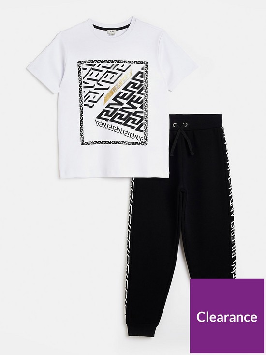 front image of river-island-boys-monogram-jogger-outfit-white