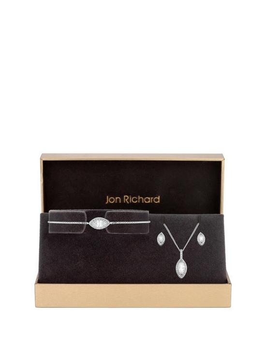 front image of jon-richard-silver-plated-crystal-cubic-zirconia-halo-marquise-trio-set-gift-boxed