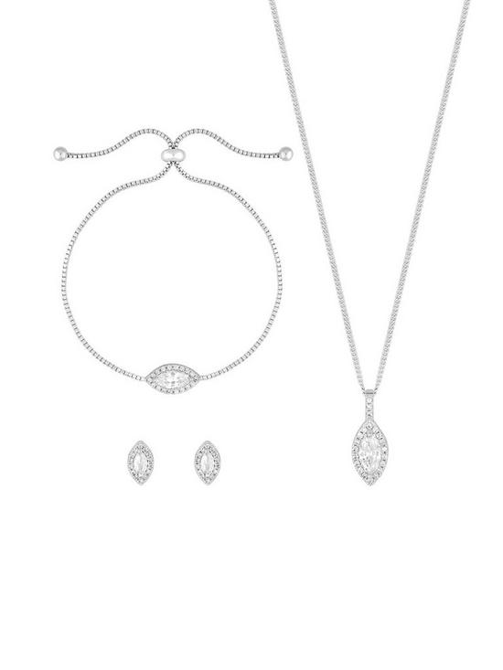 stillFront image of jon-richard-silver-plated-crystal-cubic-zirconia-halo-marquise-trio-set-gift-boxed