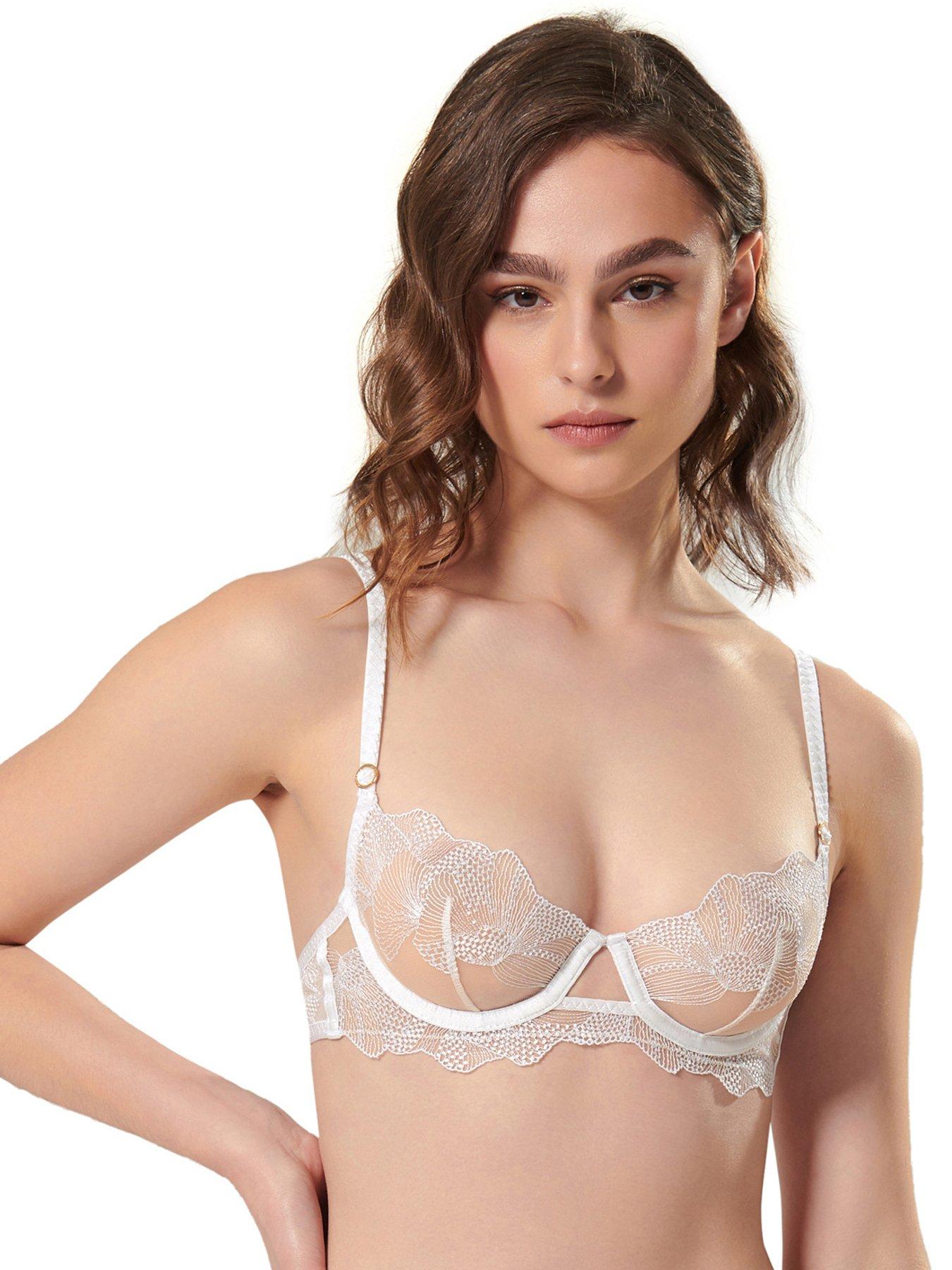 Oola Spot And Lace Padded Balconette Bra - Navy