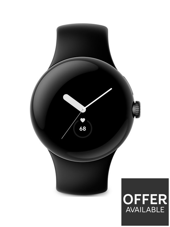 front image of google-pixel-watch-matte-black-stainless-steel-case-active-band-in-obsidian