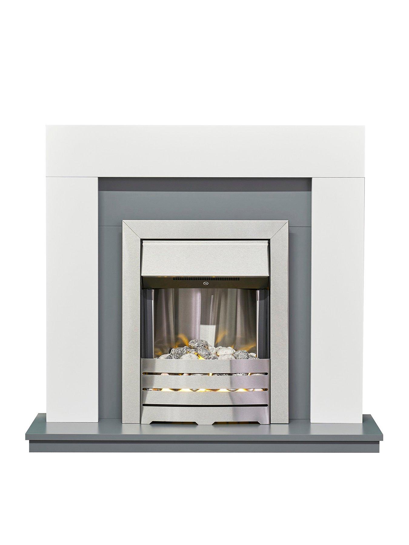Adam Fires & Fireplaces Adam Dakota Fireplace in Pure White  &  Grey with Helios Electric Fire in Brushed Steel, 39 Inch