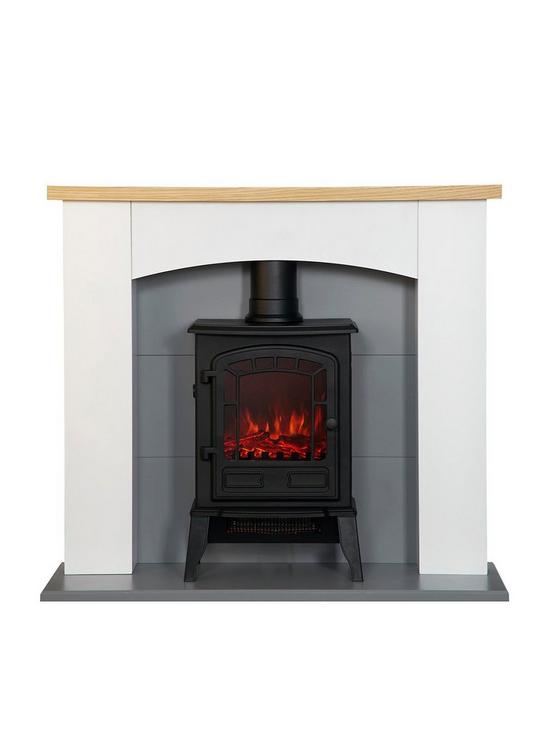 front image of adam-fires-fireplaces-adam-huxley-in-pure-white-grey-with-sureflame-ripon-electric-stove-in-black-39-inch