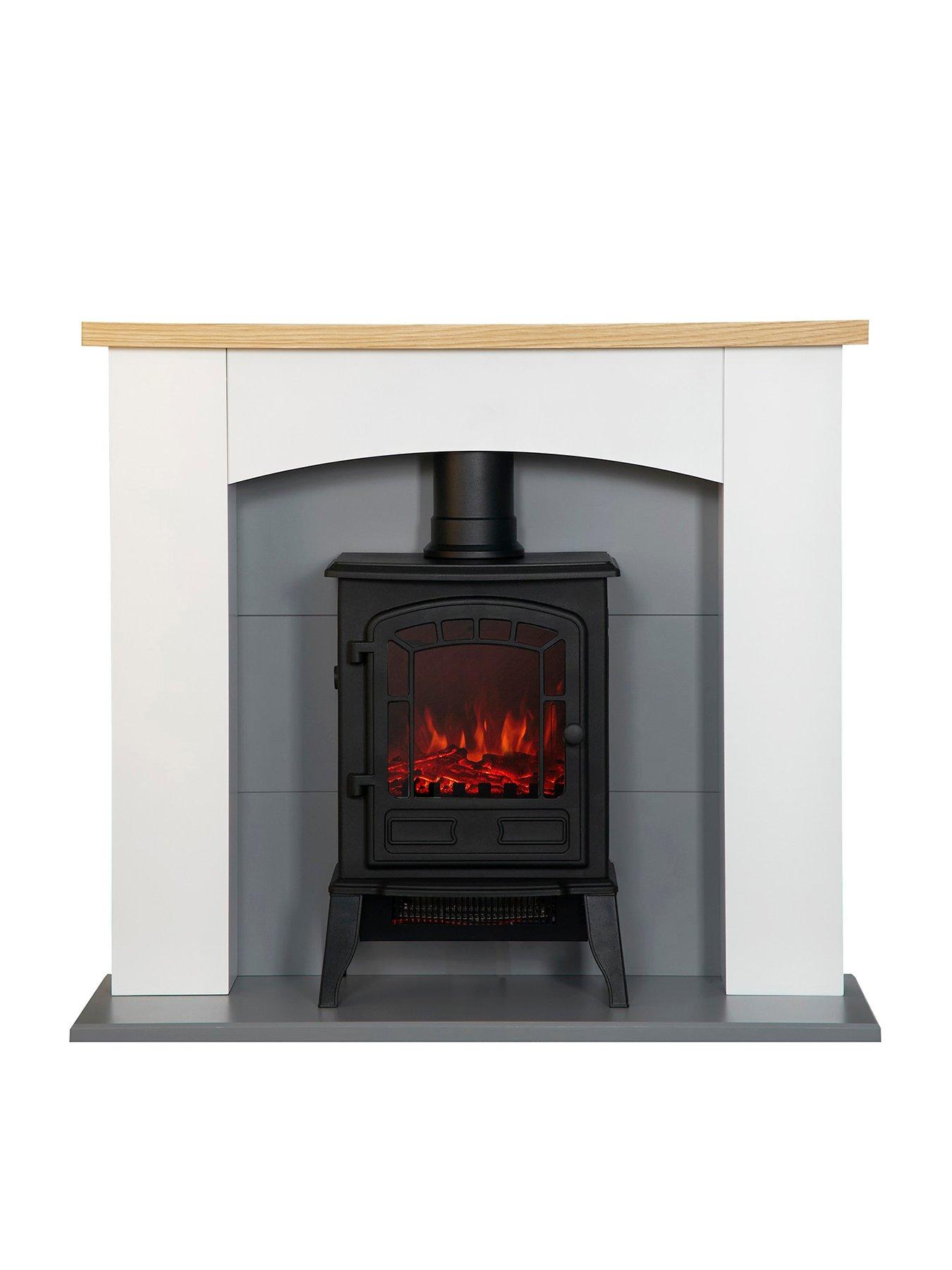 Adam Fires & Fireplaces Adam Huxley in Pure White  &  Grey with Sureflame Ripon Electric Stove in Black, 39 Inch