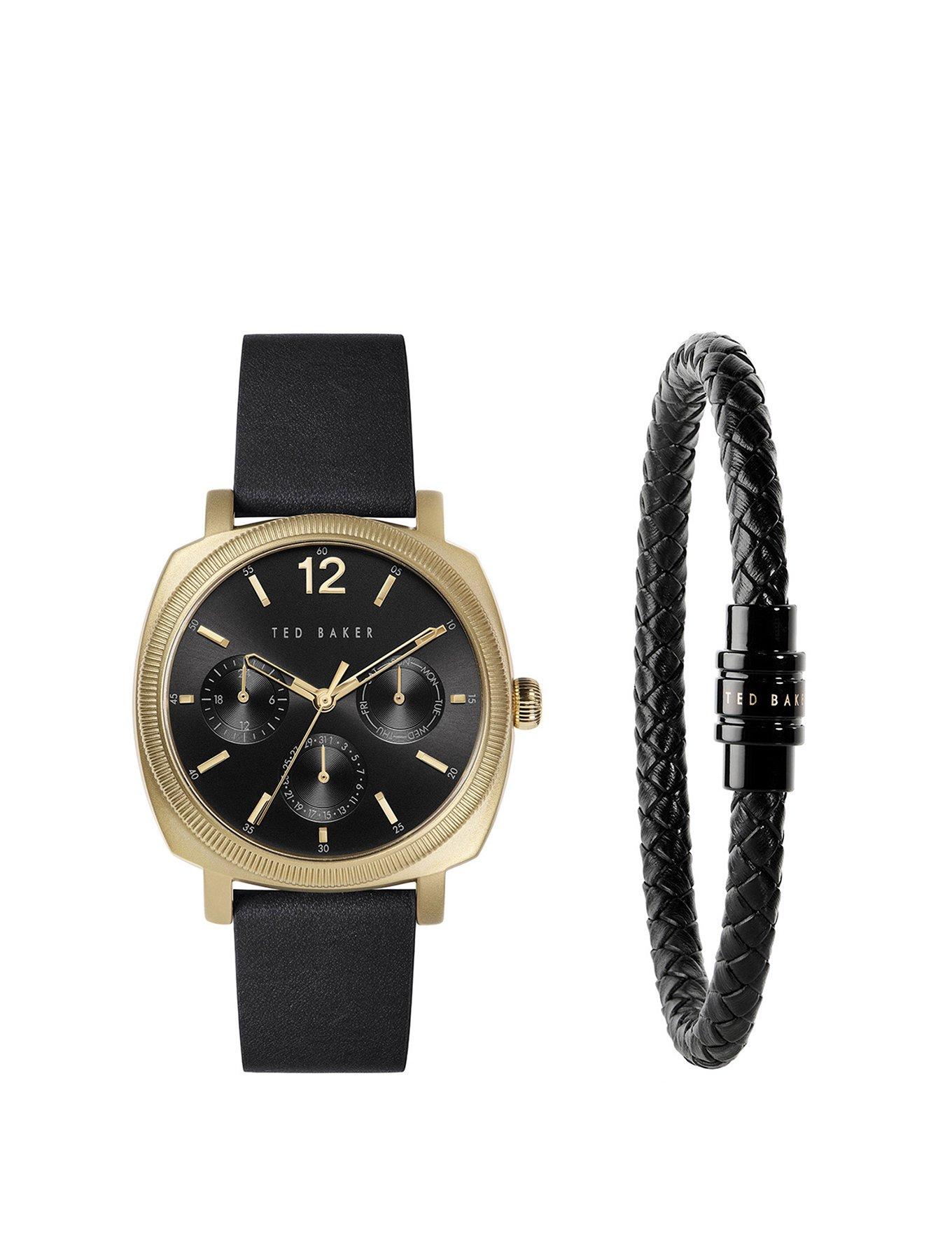  image of ted-baker-yellow-gold-case-black-dial-black-leather-strap-leather-bracelet-gift-set