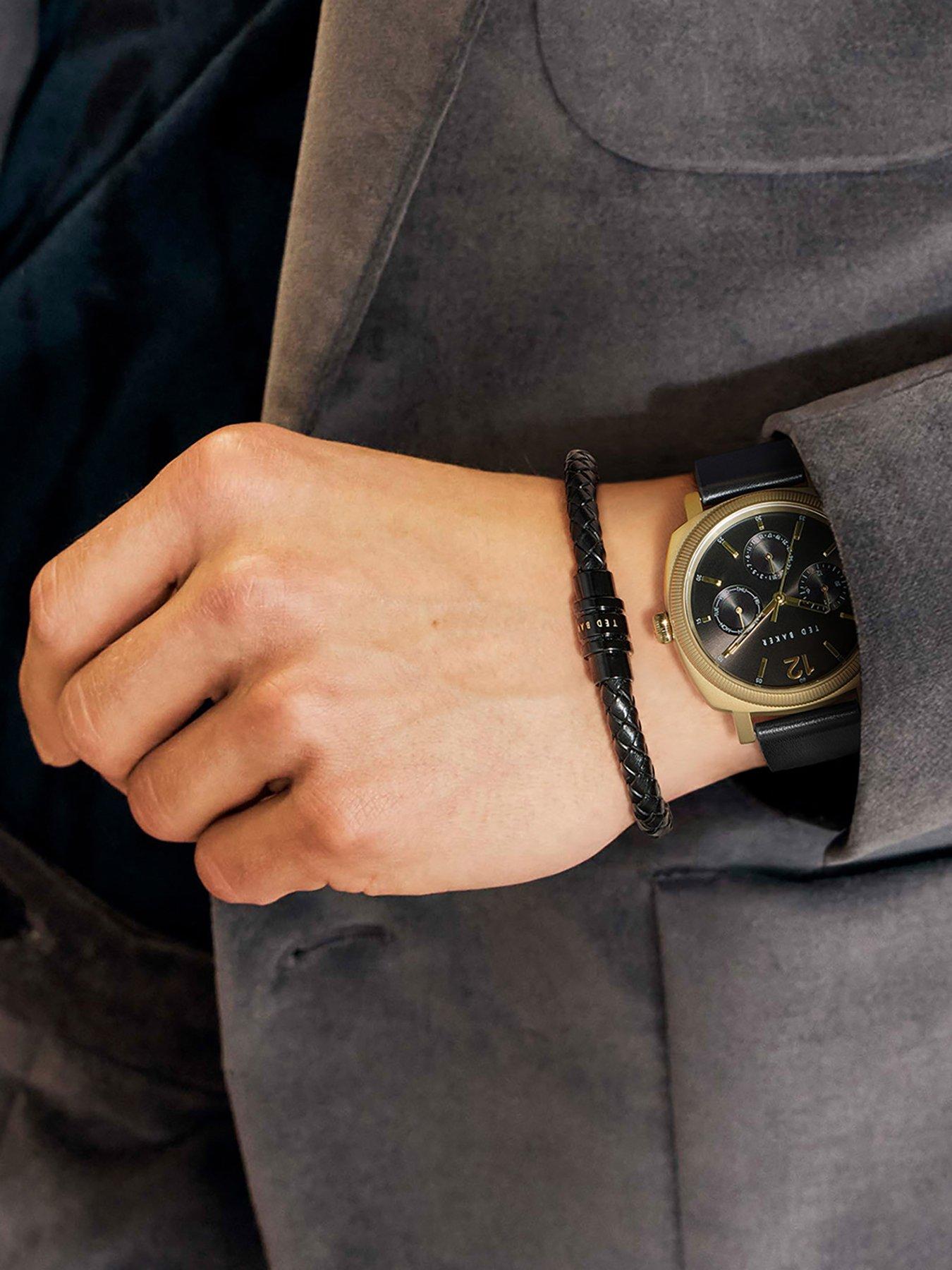  image of ted-baker-yellow-gold-case-black-dial-black-leather-strap-leather-bracelet-gift-set