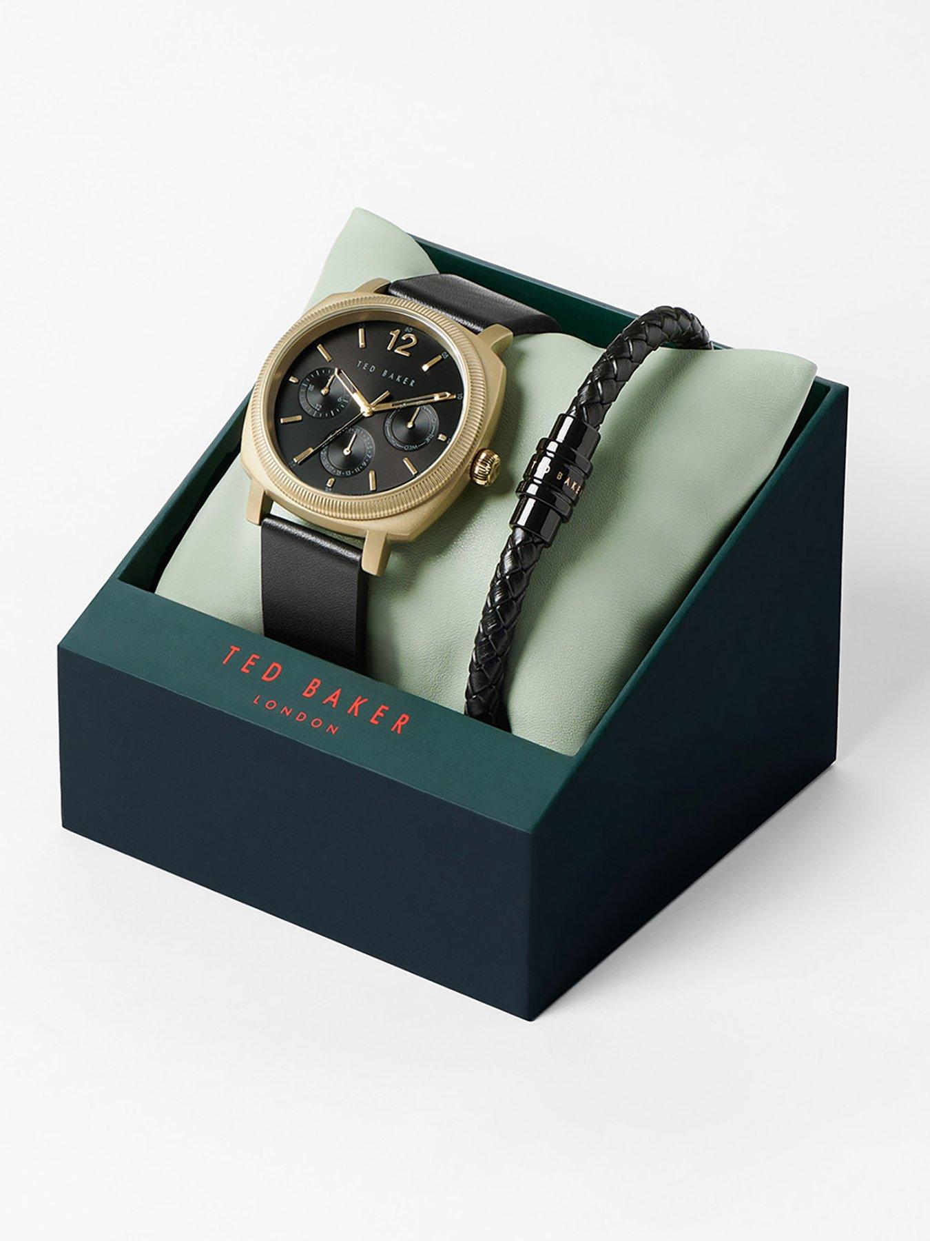  image of ted-baker-yellow-gold-case-black-dial-black-leather-strap-leather-bracelet-gift-set