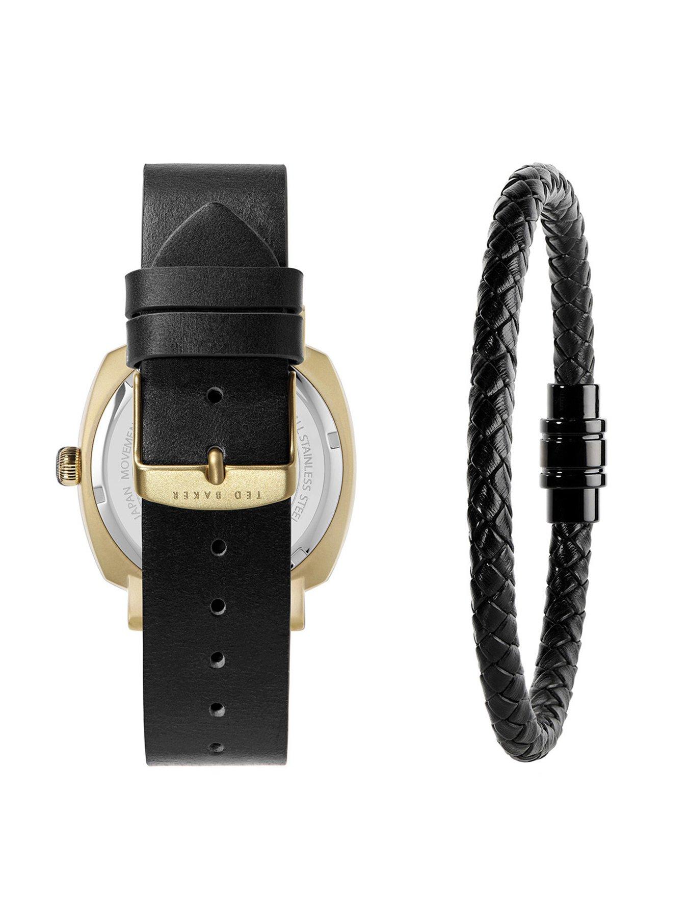  image of ted-baker-yellow-gold-case-black-dial-black-leather-strap-leather-bracelet-gift-set