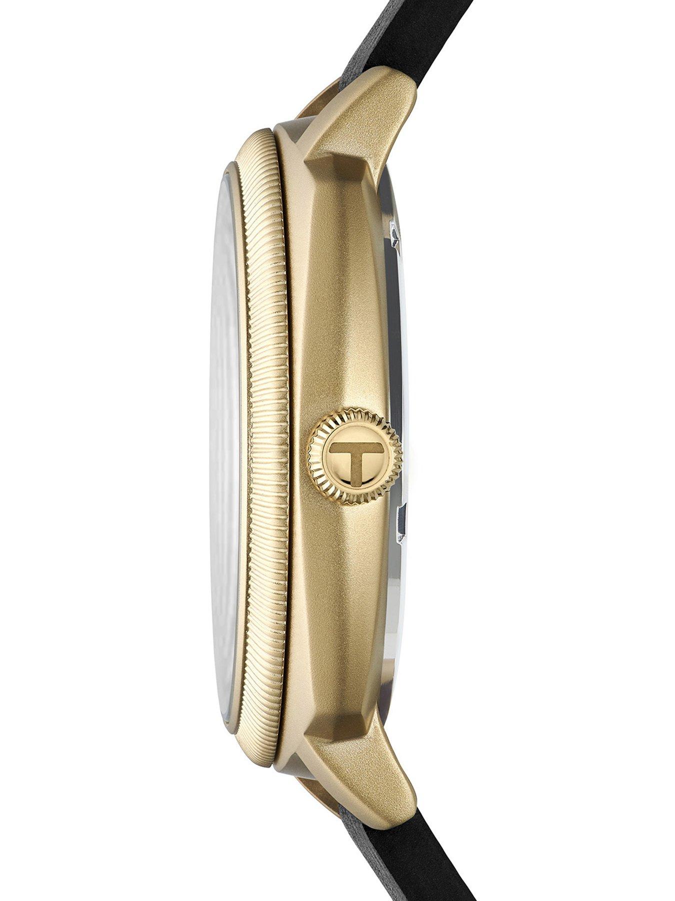  image of ted-baker-yellow-gold-case-black-dial-black-leather-strap-leather-bracelet-gift-set