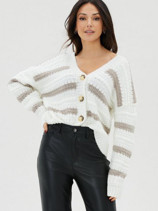 front image of michelle-keegan-knitted-stripe-button-through-cardigan-multi