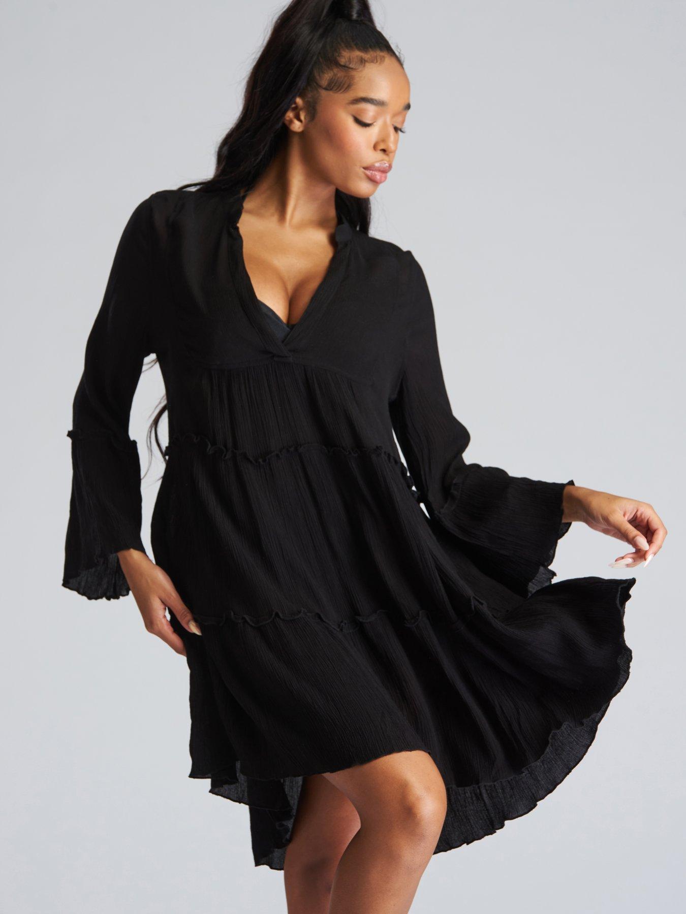 Crinkle Pull Over Tiered Beach Dress Black