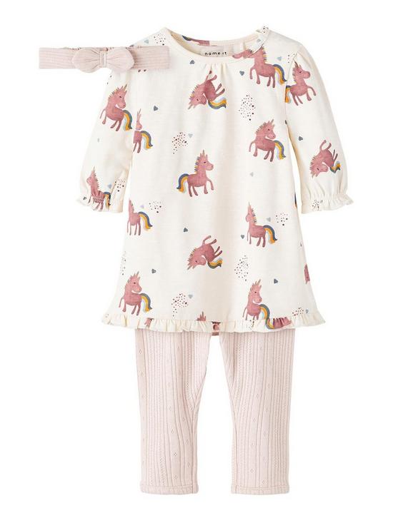 front image of name-it-baby-girls-3-piece-unicorn-dress-legging-and-headband-giftbox-set-buttercream
