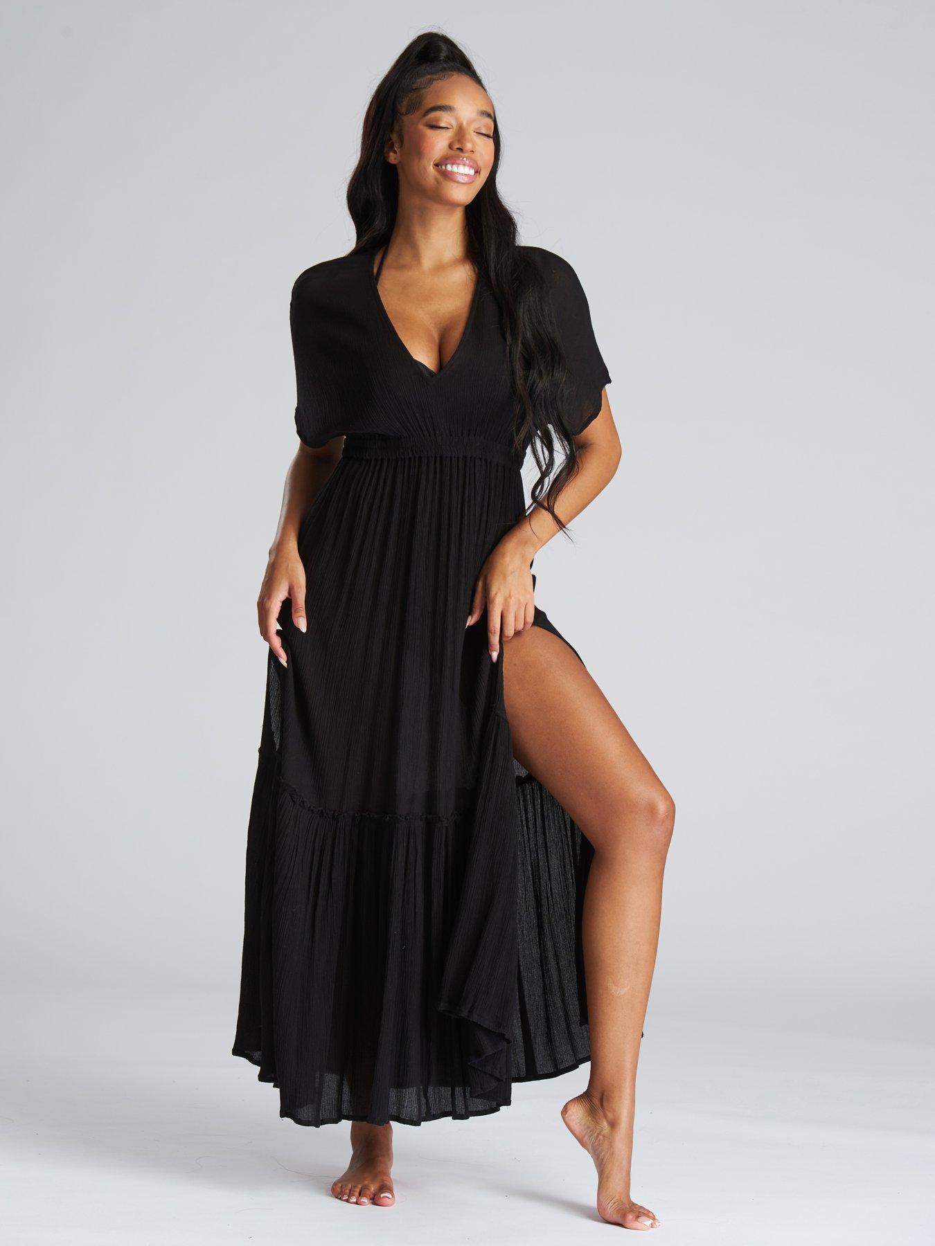 Crinkle V Neck Tiered Maxi Dress Black