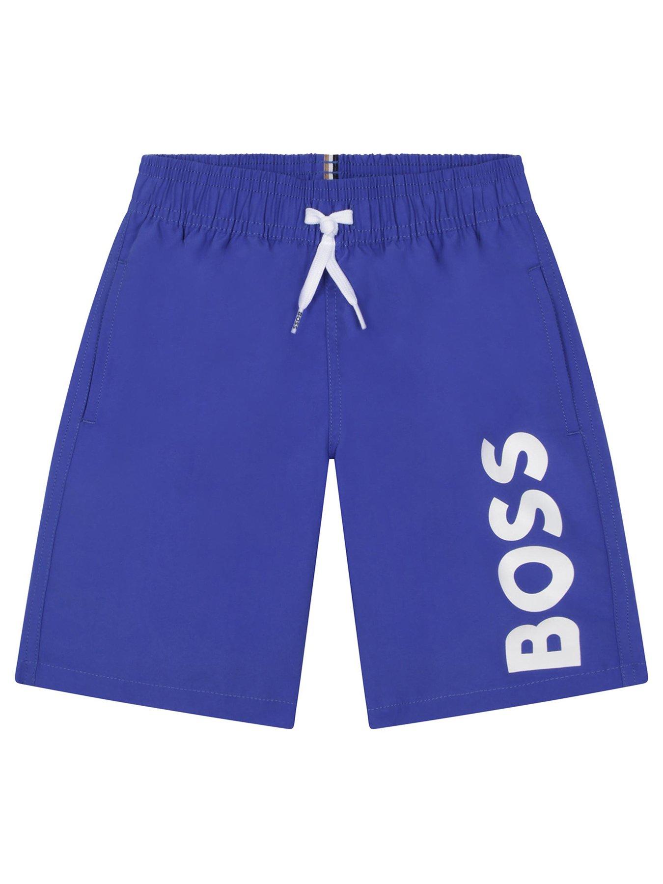 front image of boss-boys-logo-swim-shorts-splash-blue