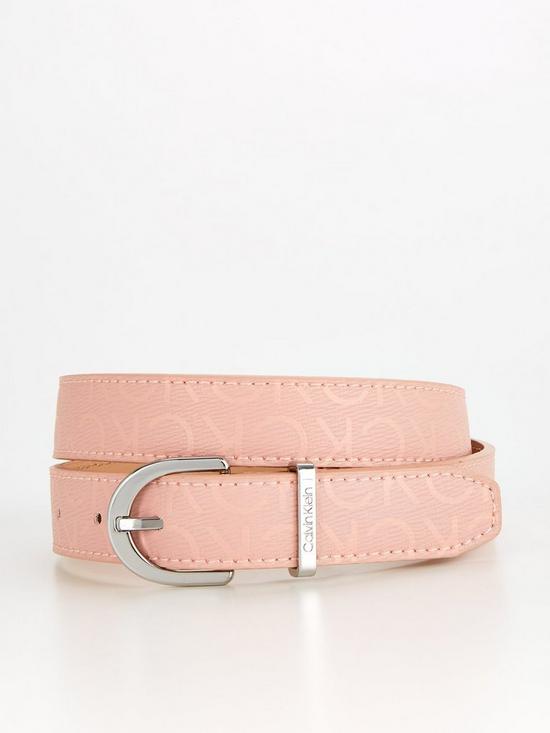 front image of calvin-klein-monogram-logo-round-buckle-belt-pink