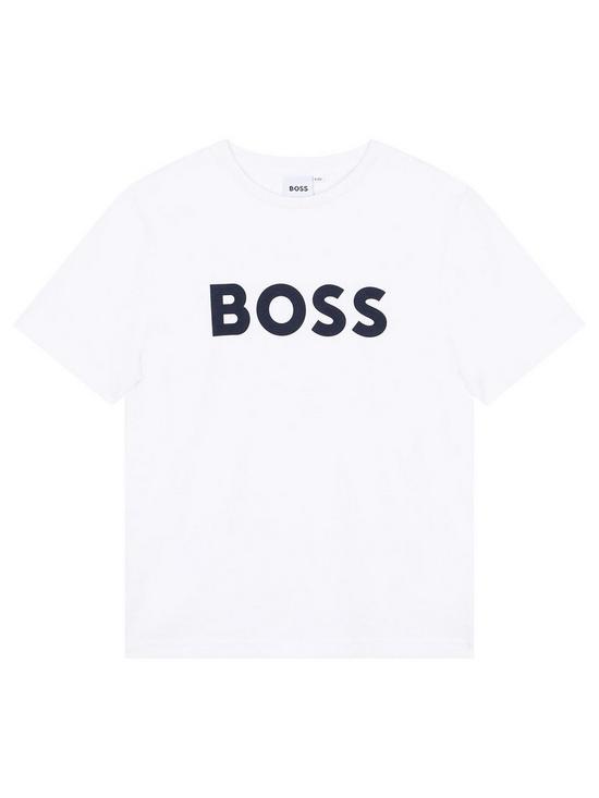 front image of boss-boys-short-sleeve-large-logo-t-shirt-white