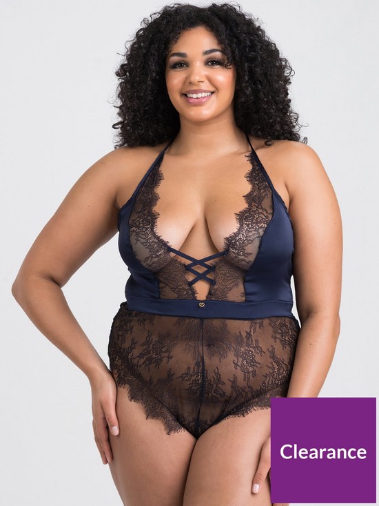 front image of lovehoney-plus-size-dark-orchid-navy-plunge-teddy-blue-1x-2x