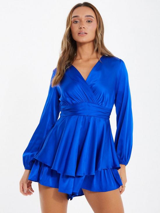 front image of quiz-satin-wrap-playsuit-bright-blue