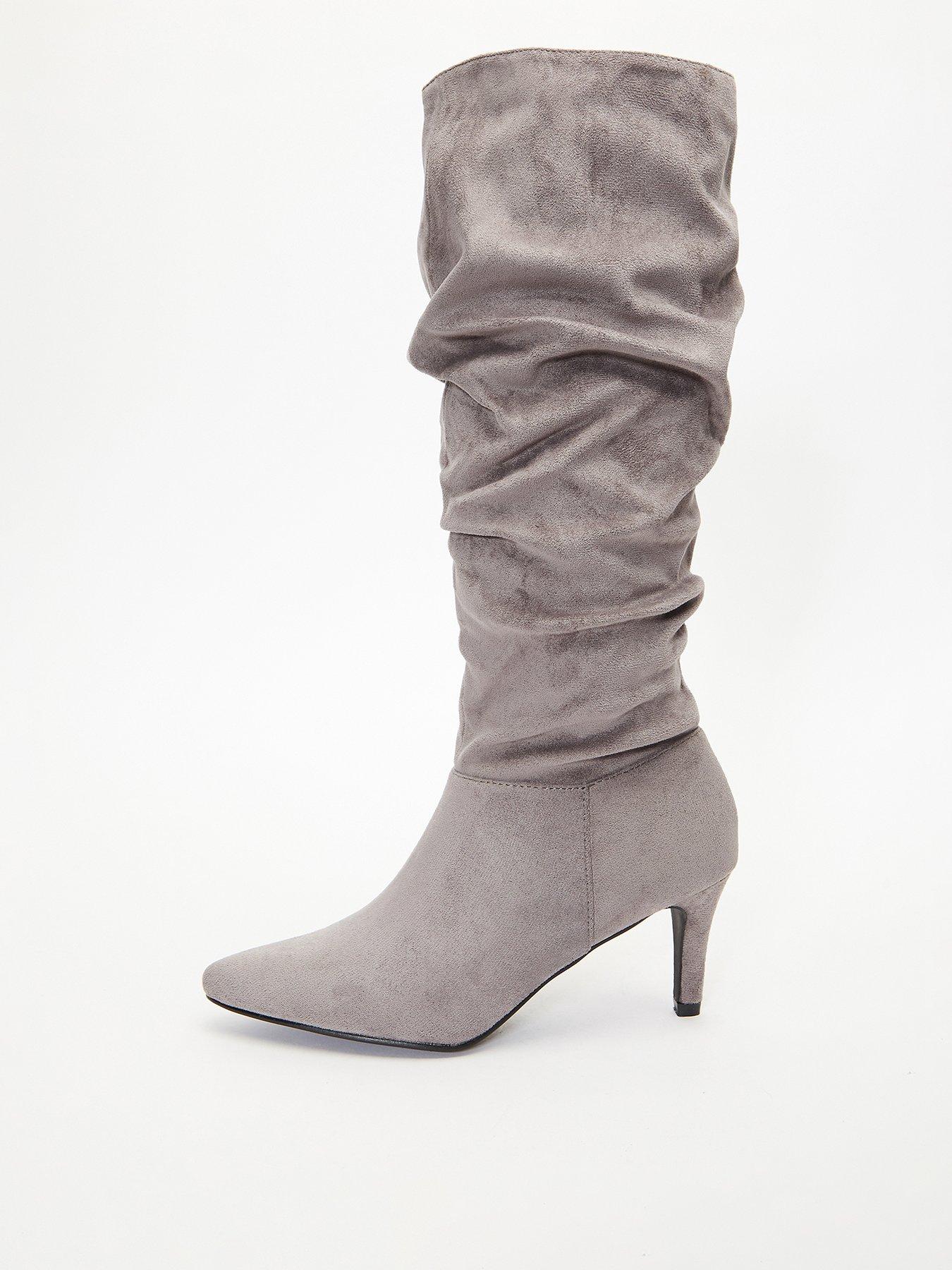 Ruched Knee High Heeled Boots Grey