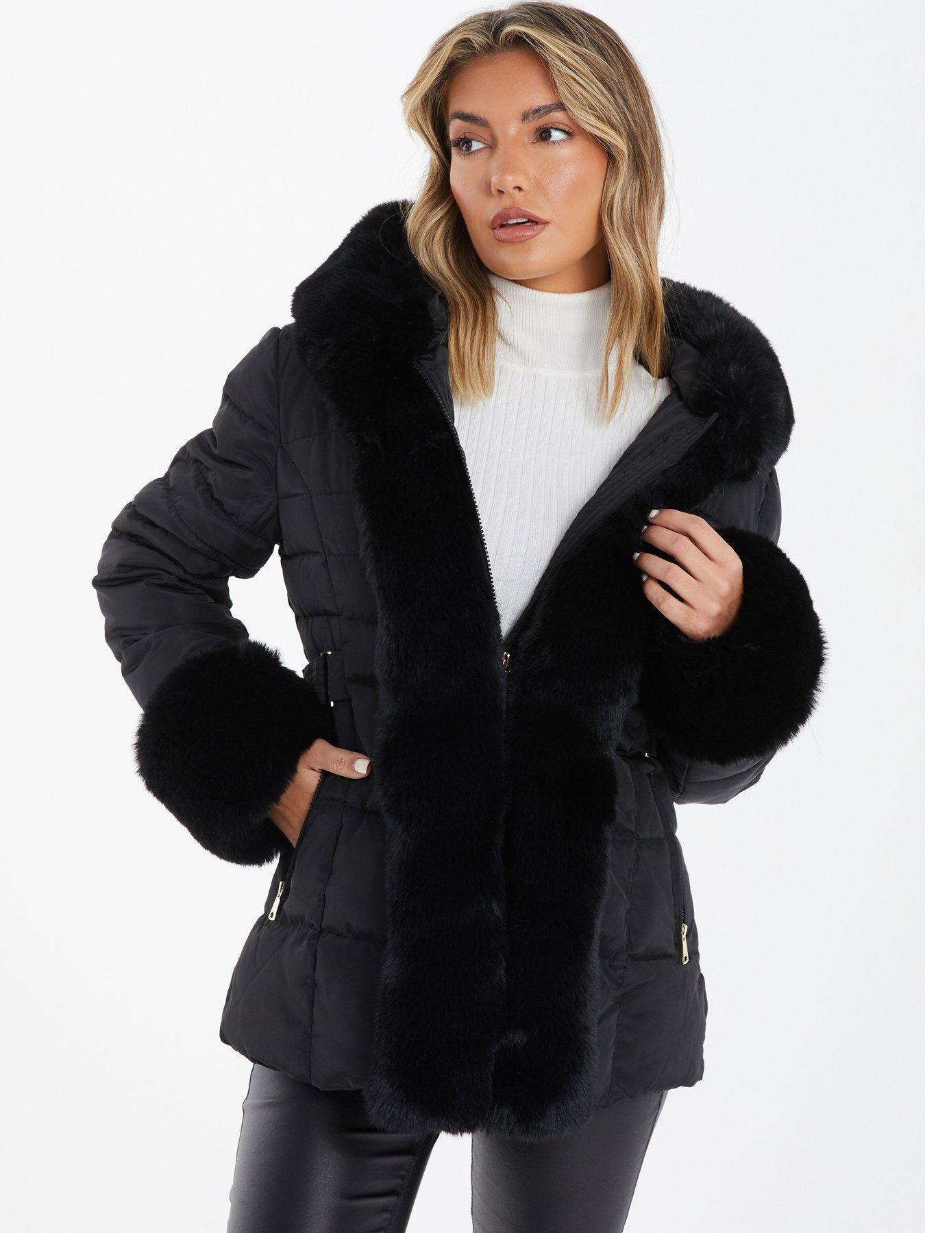 Padded Faux Fur Trim Jacket Black