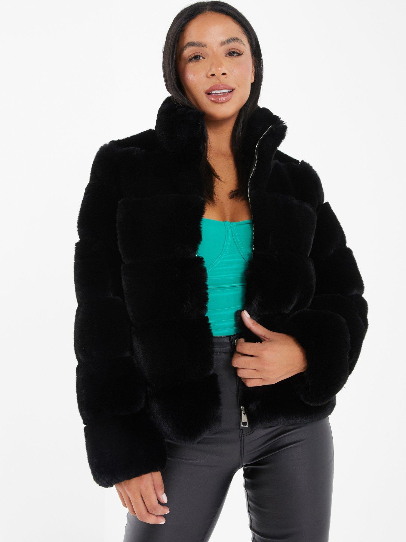Quiz Faux Fur Short Puffer Jacket - Black | littlewoods.com