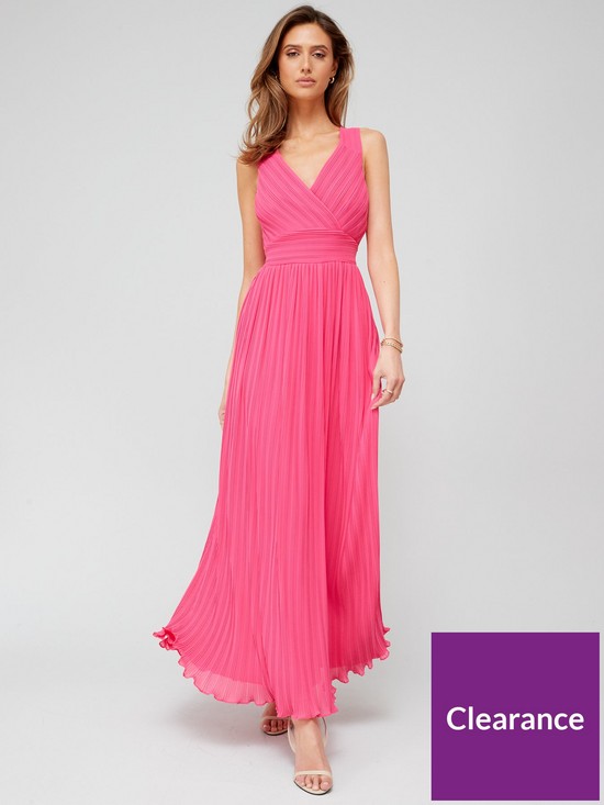 front image of fig-basil-pleated-waisted-dress-pink