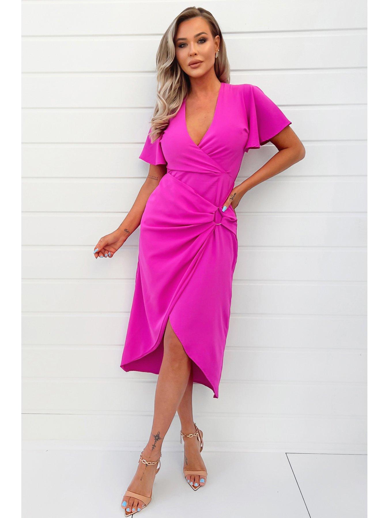 front image of ax-paris-ring-detail-midi-dress-pink