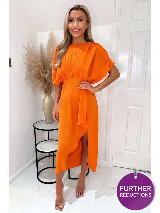 front image of ax-paris-batwing-top-wrap-skirt-midi-dress-burnt-orange