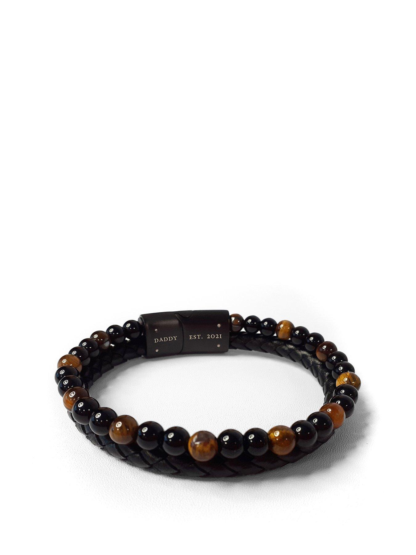 undefined Personalised Men's Tigers Eye Leather and Bead Bracelet