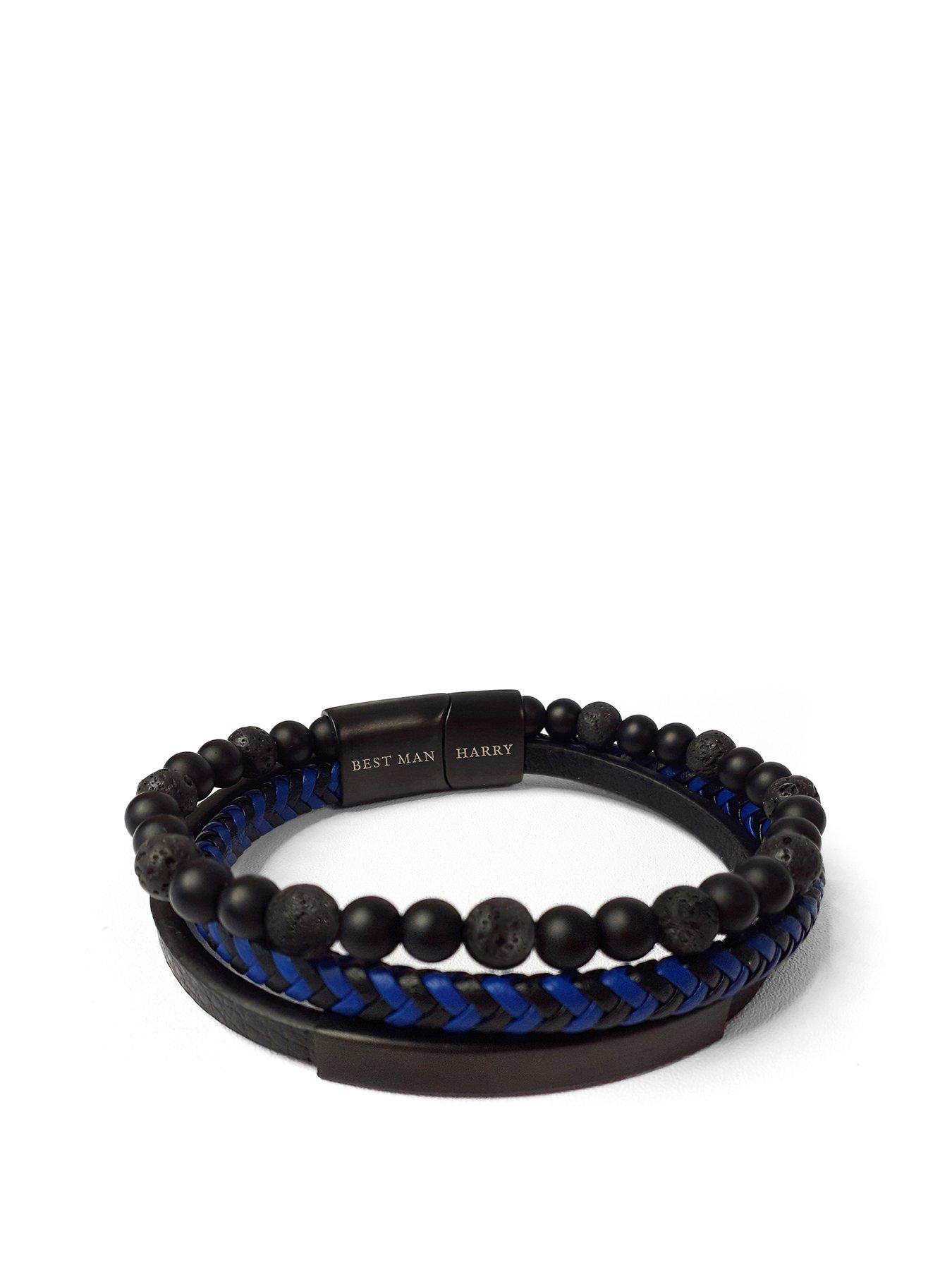 undefined Personalised Mens Black Stone and Blue Cord Bracelet