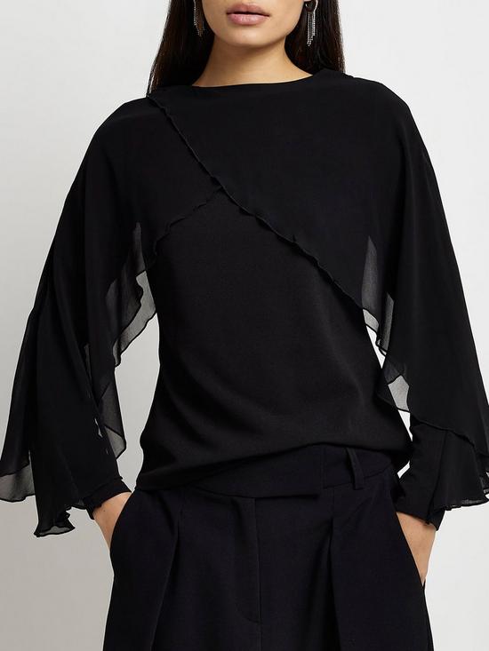 front image of river-island-mesh-cape-sleeve-top-black