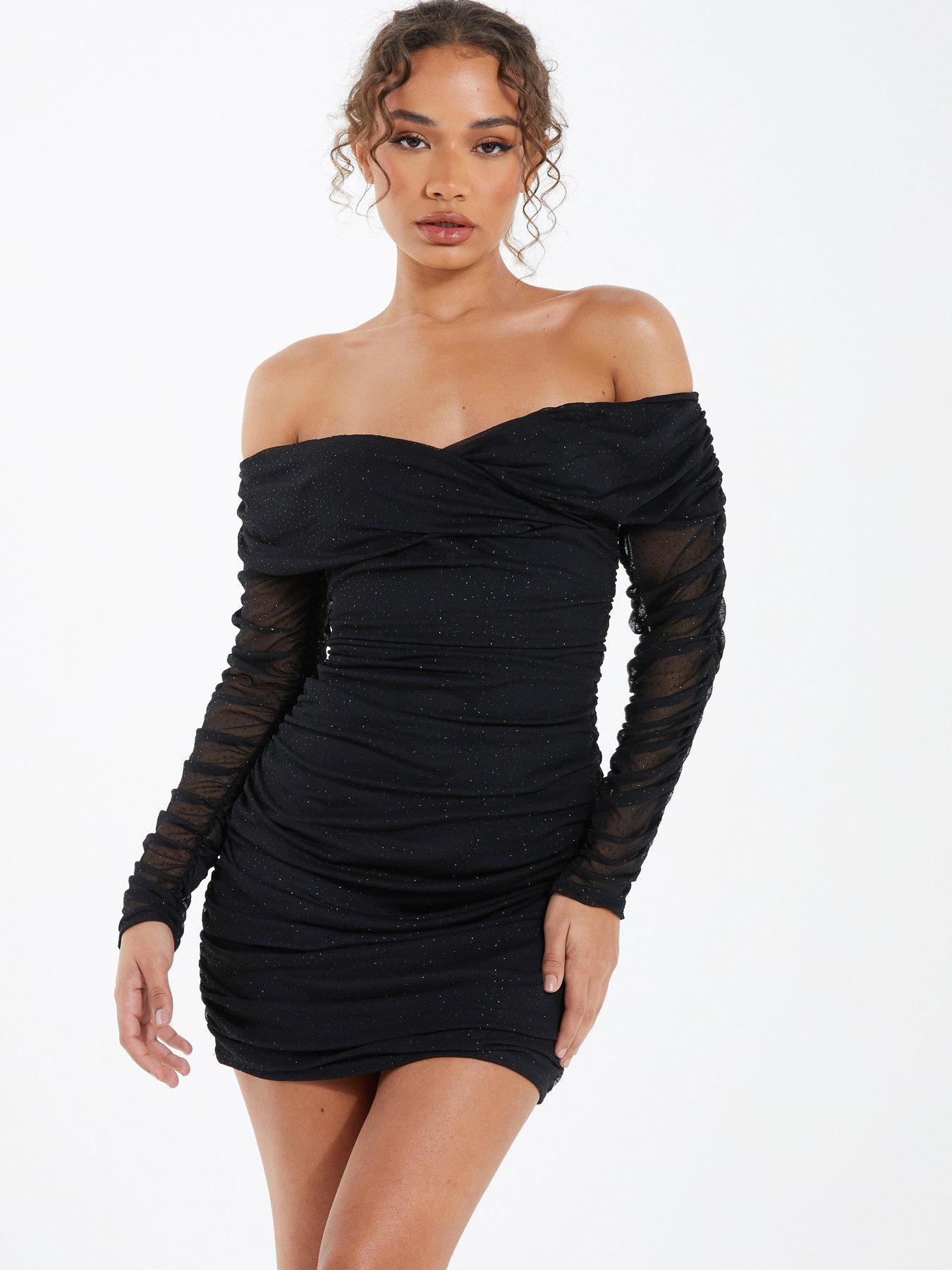 Bardot Glitter Ruched Bodycon Mini Dress Black