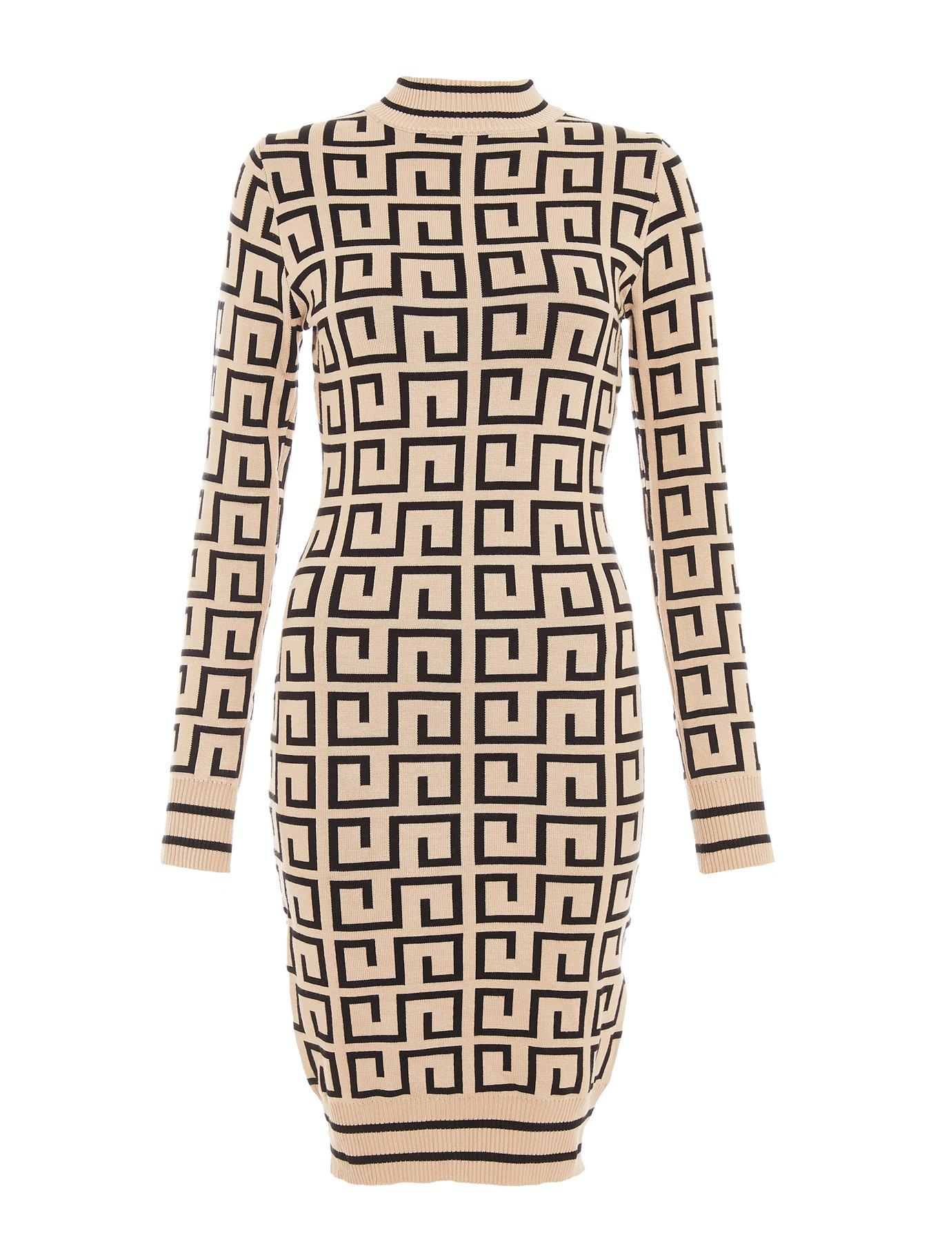  image of quiz-geometric-knitted-mini-dress-natural