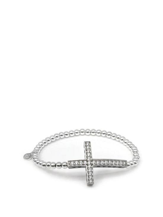 front image of say-it-with-diamonds-cross-ball-bracelet-sterling-silver