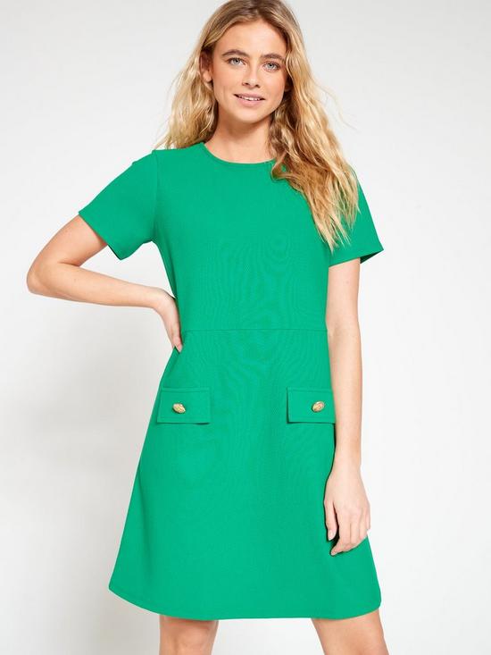 front image of everyday-textured-pocket-detail-shift-mini-dress-green