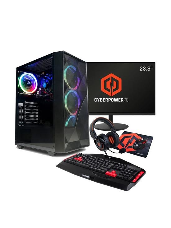 front image of cyberpower-eurus-gaming-pc-bundle-amd-ryzen-5-5600g-8gb-ram-500gb-m2-nvme-ssd-with-238in-monitor-headset-keyboard-mouse-amp-pad