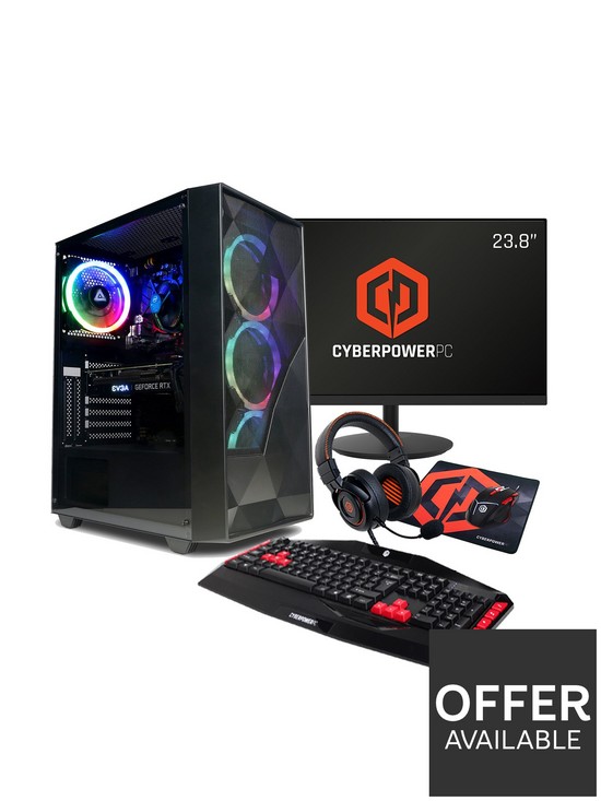 front image of cyberpower-eurus-gaming-pc-bundle-amd-ryzen-3-4100-geforce-gtx-1650-8gb-ram-500gbnbspssd-with-238in-monitor-headset-keyboard-mouse-amp-pad